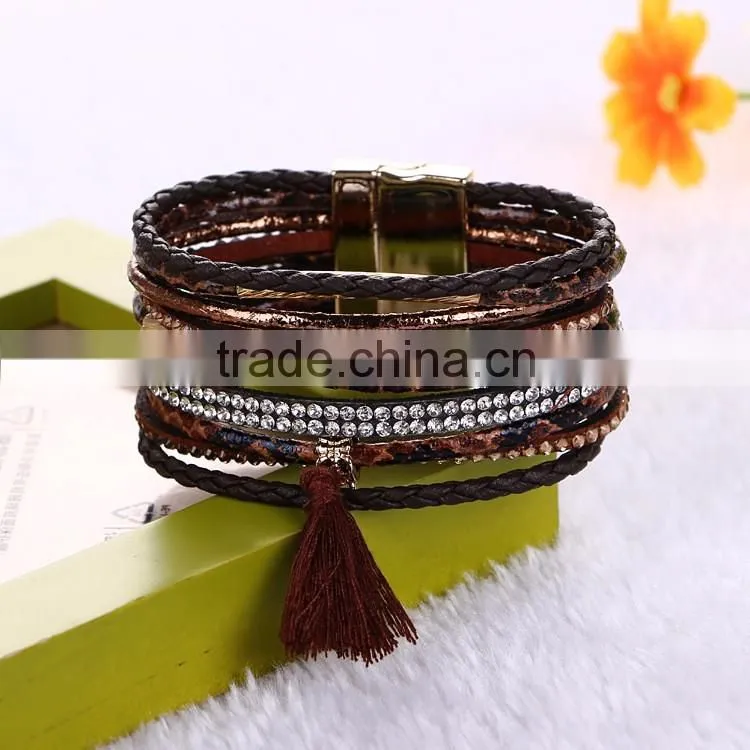 New Fashion Jewelry Woman Magnetic Clasp Leather Crystal Stones Bracelet