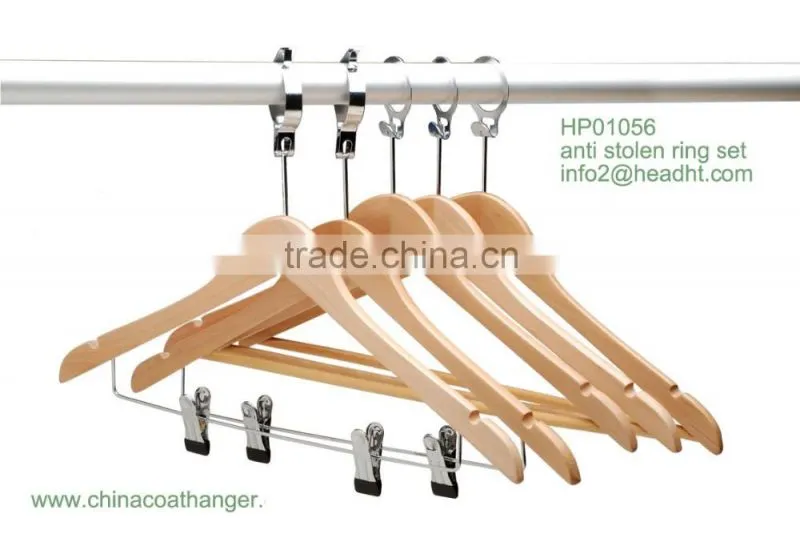 Natural wooden clips garment hotel anti theft ring wood hospitality coat hanger