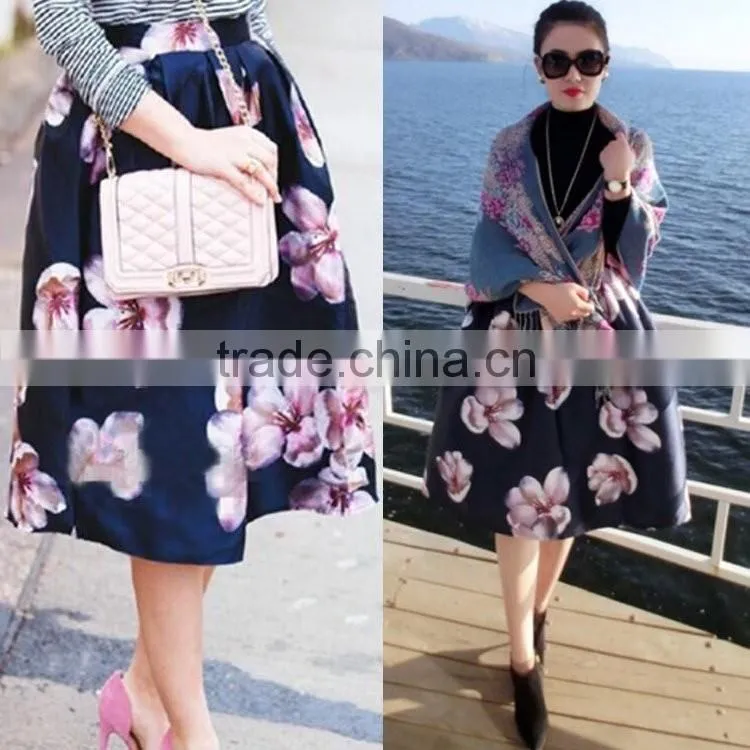 New Fashion Women's Retro Vintage Style Fashion Floral Casual Pleated Midi Puff Bubble Skirt