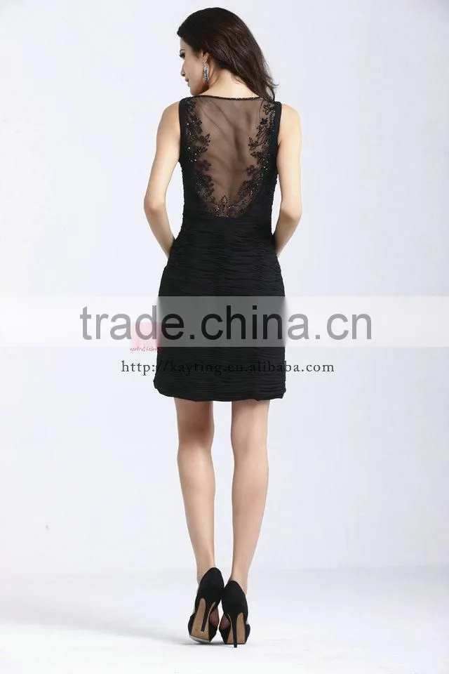 Sexy back see-through ruffle and beaded chiffon black dress