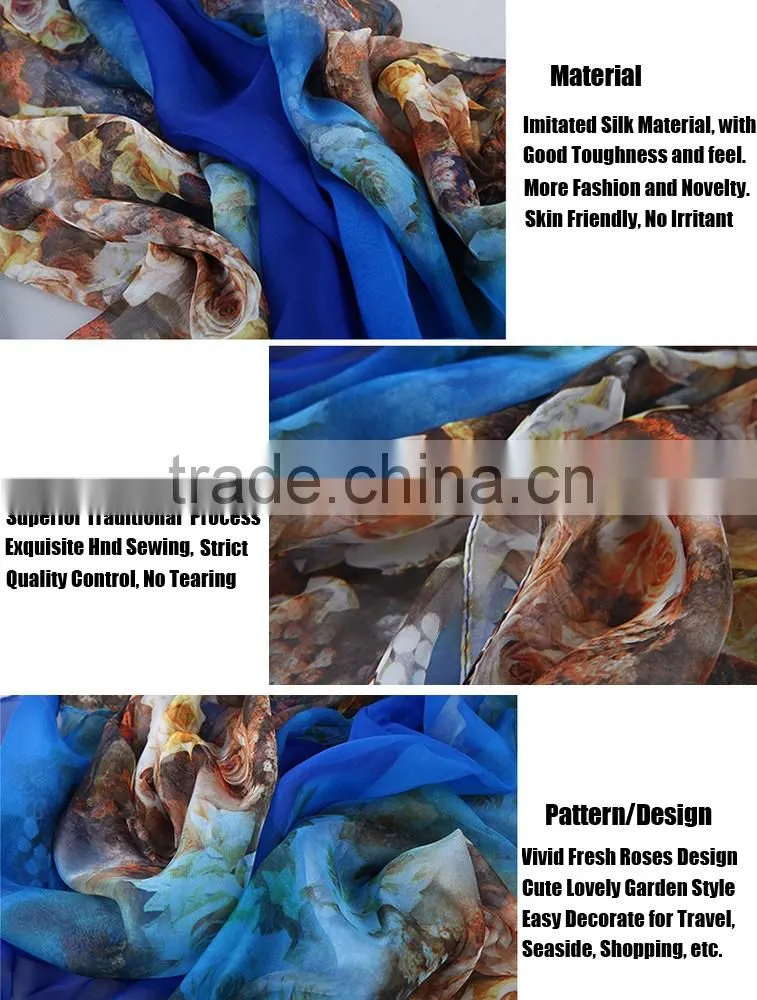 Big Long Rose Pattern Summer Scarf and Shawl for Women Imitated Silk Material More Vivid Royalblue Pink Flamingo Green