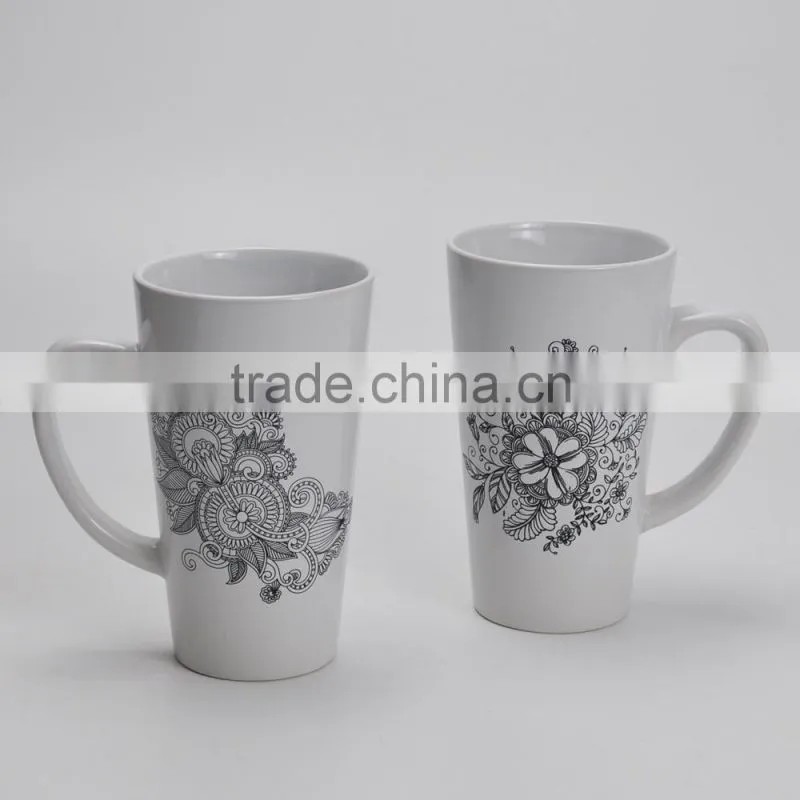 High Quality DIY 16OZ V-Shape Ceramic Mug , with Customized Decal
