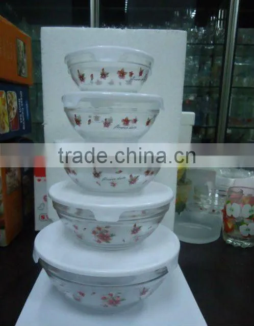 High quality 5pcs set clear glass bowl with red lid