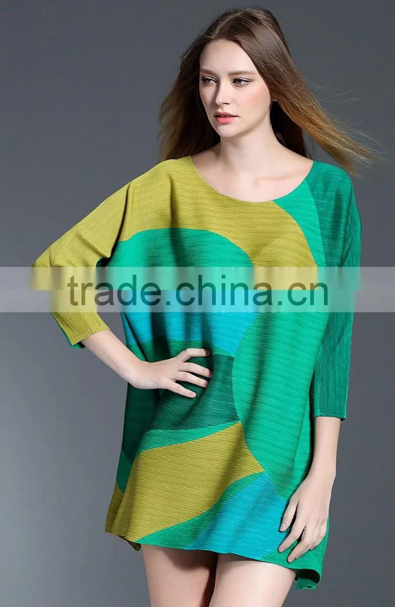 Gored bright color large size women plicated dresses wholesale