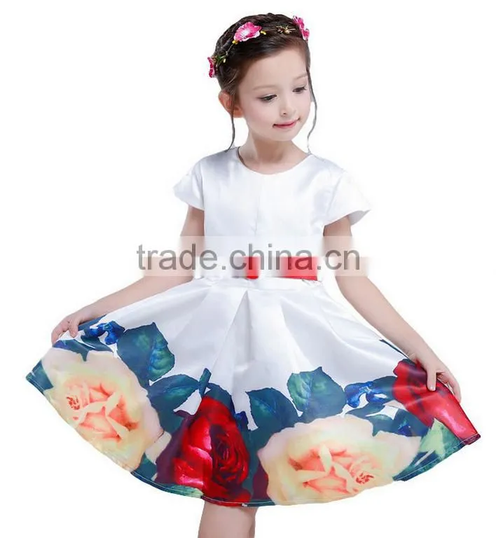 Wholesale Girls skirt 2016 summer new short-sleeved large flower girl print dresses ruffle princess skirt with belt