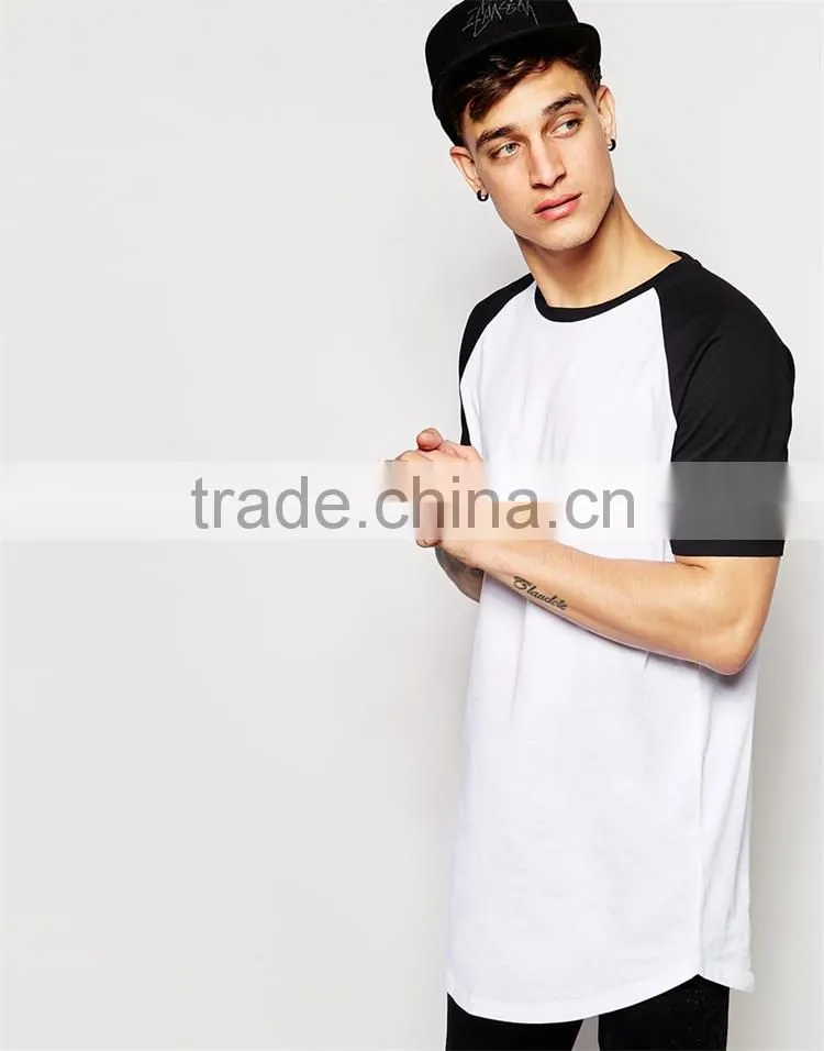 2015 Mens longline t shirt 100% cotton contrast raglan short sleeve super longline t shirt men