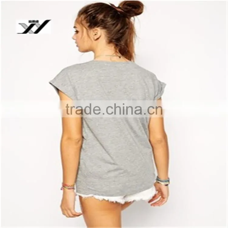 Wholesale Rolled sleeves printing 100%cotton ladies t-shirts
