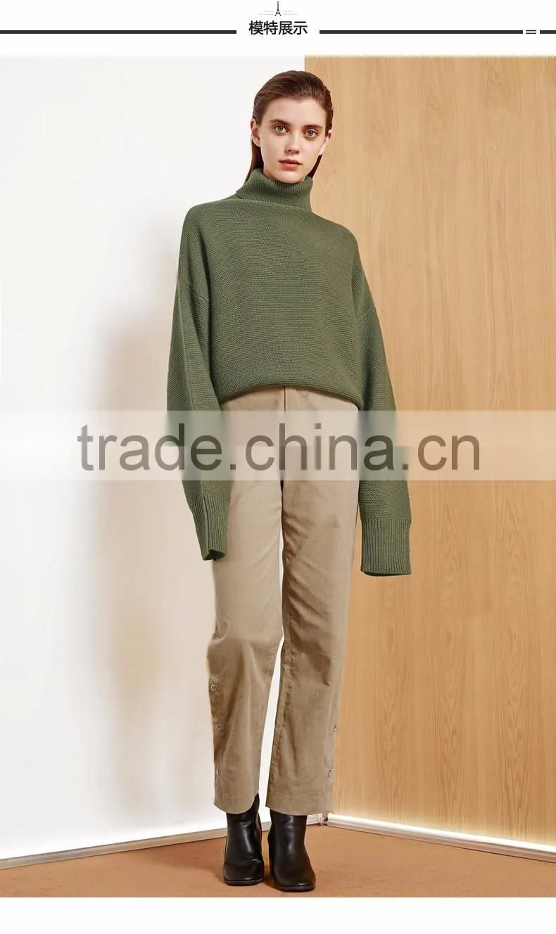 2017 new design style women green color turtleneck long sleeve pullover sweater
