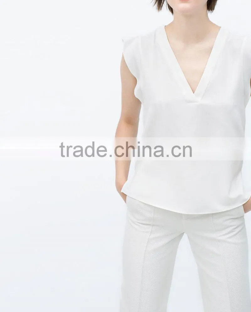 Fashion Ruffles Sleeves Women V Neck White Tank Tops Blank Chiffon Shirt