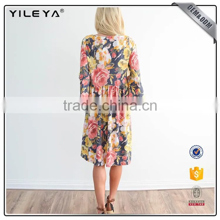 With sleeve korean women sexy summer floral midi dress