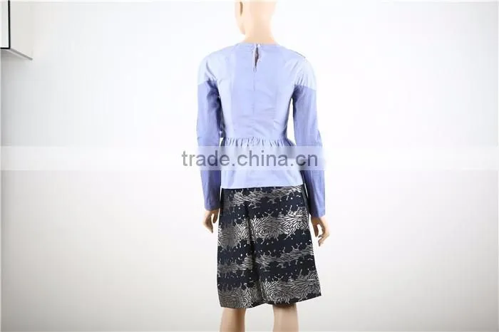 long sleeve blue women blouse patch work designs with bow in front