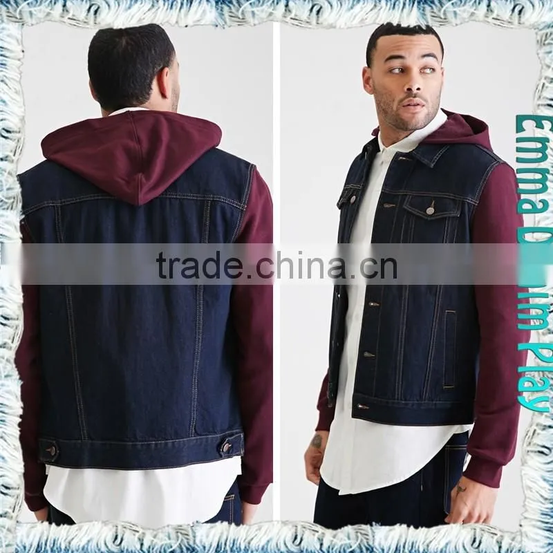 Stylish Denim Long Red Cotton Sleeves Hood Jackets for Men
