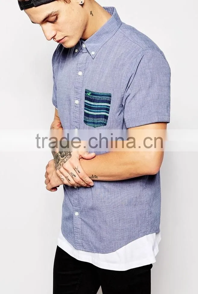 2015 Breathable cotton cool cotton Shirt with Contrast Pocket Short Sleeves Embroidered men short sleeve shirts