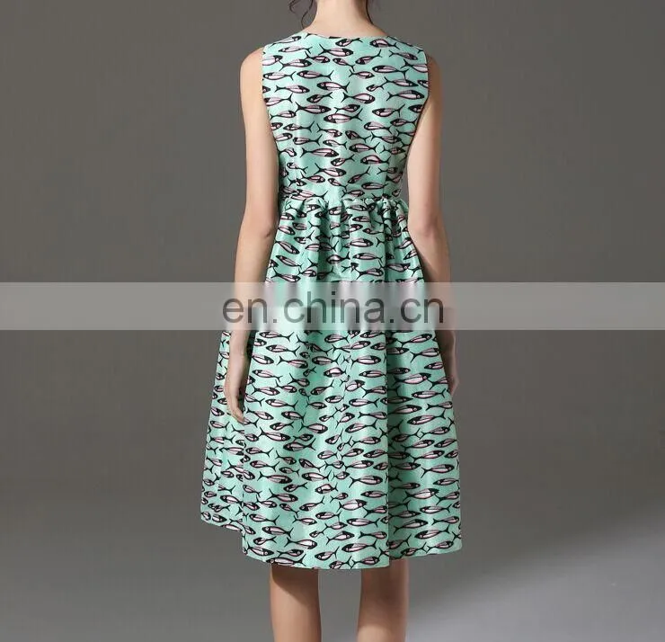 sea blue dress / knee length fish patterned skirt / sleeveless skirt
