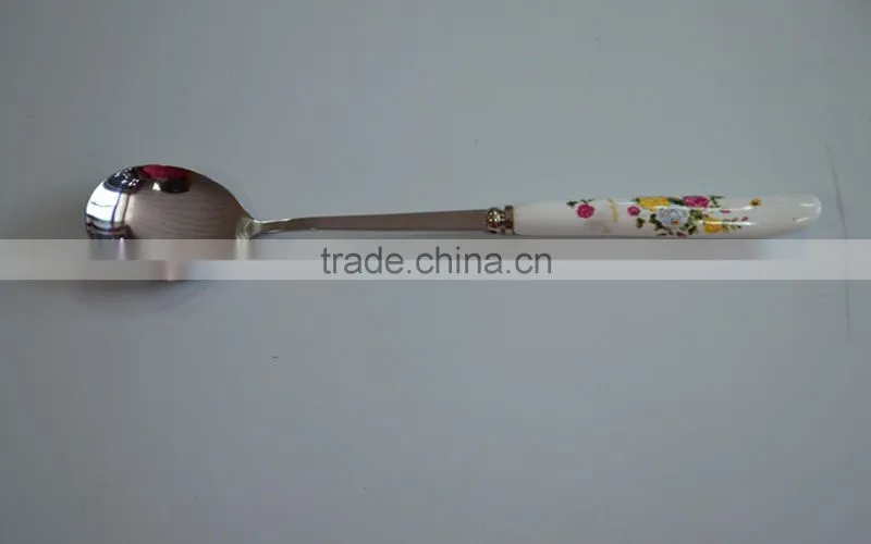 Children stainless steel round spoon with pretty rose ceramics handle