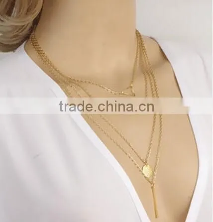 Fashion Gold Circle Paillette Crystal bead Pendant Multi Chain Necklace Jewelry