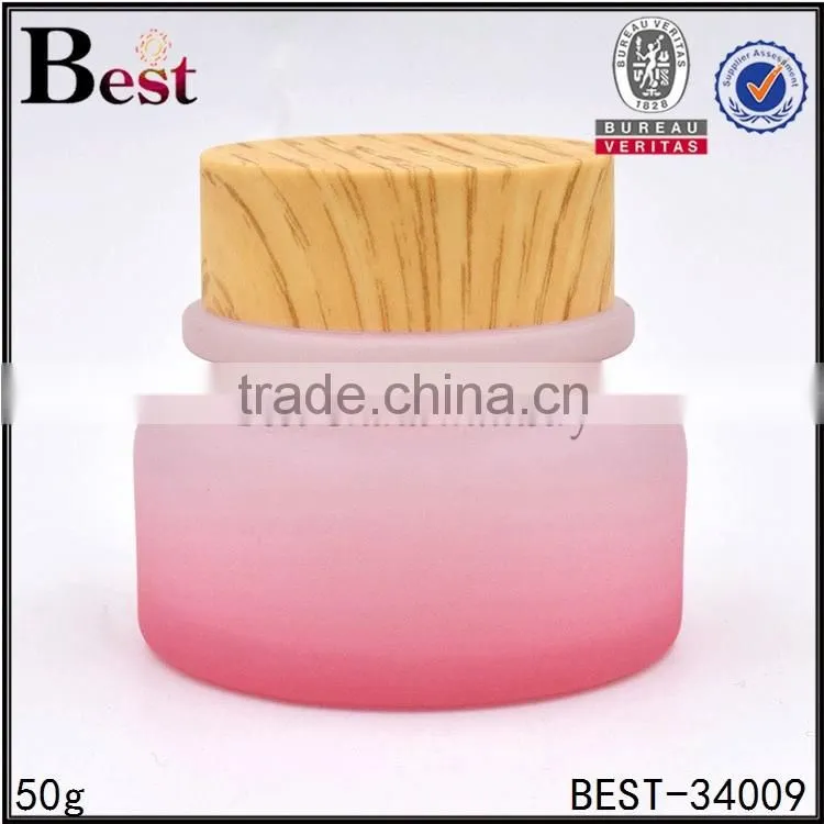 50g empty pink color glass cream jar with bamboo screw cap
