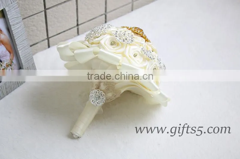 Gold Wedding Bouquet Handmade Flowers Wedding Flowers with Rhinestones