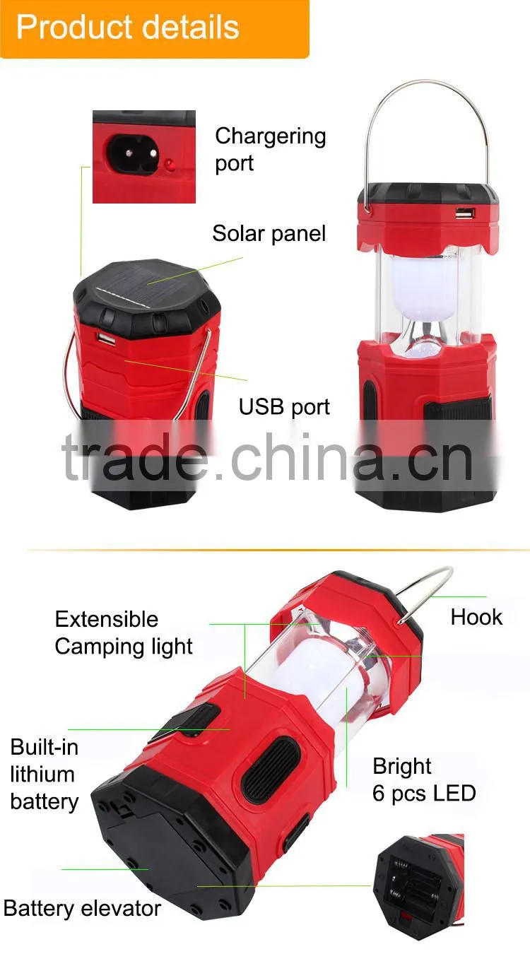 Extensible solar rechargeable lanter camping light price with mobile phone charger