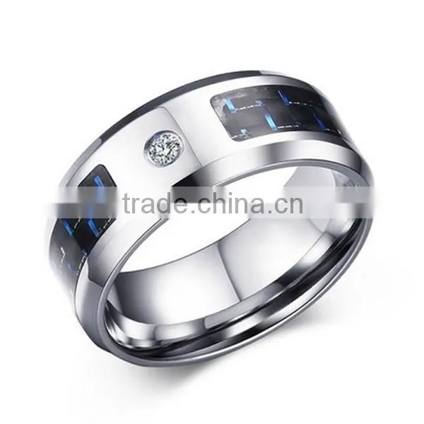 2016 Fashion Men Zircon Black Carbon Fiber Stainless Steel Ring
