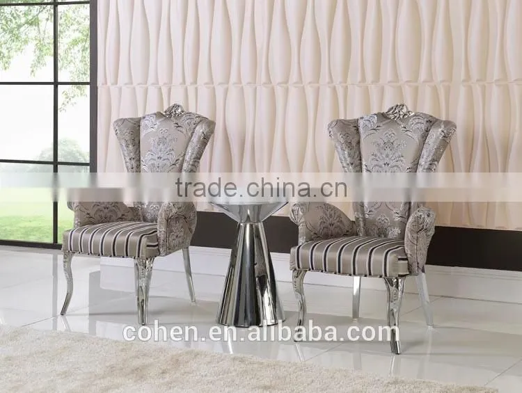 2016 Hot sale elegant high back stainless steel metal reception chair/leisure chair/dining chair with patterned fabric covered