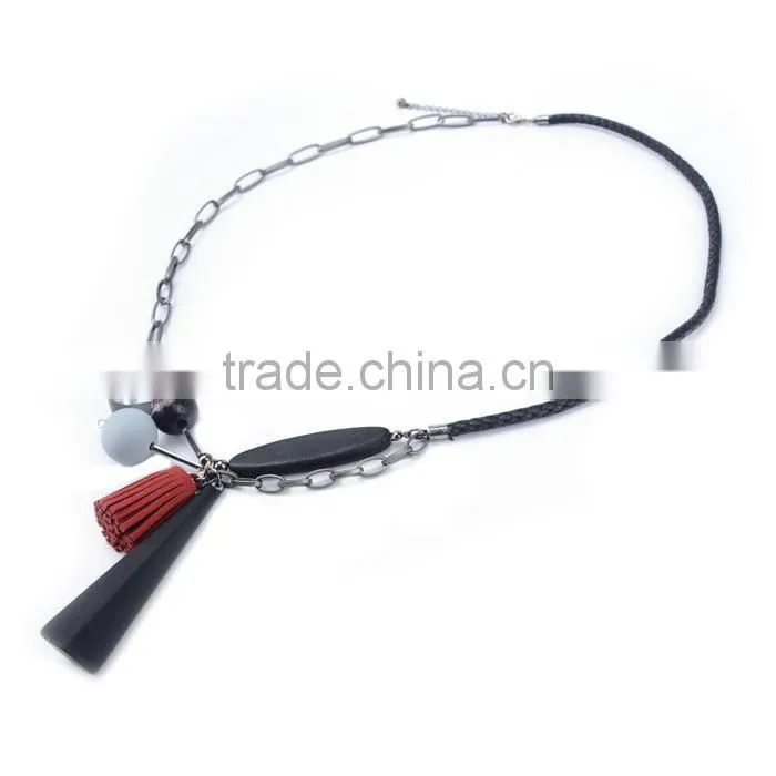 geometric wood bead rubber strip pendant necklace velvet leather tassel necklace chain linked suede leather necklace