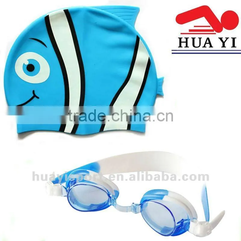 Custom cute swim goggle and fun fish shape with multi color printing cap for kid - Blue