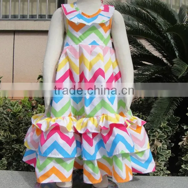 2014 Wholesale baby girls new design dresswear model ruffle Chevron Printed Woven Dress