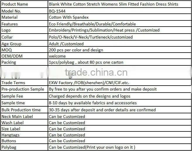Blank White Cotton Stretch Womens Slim Fitted Fashion Dress Shirts
