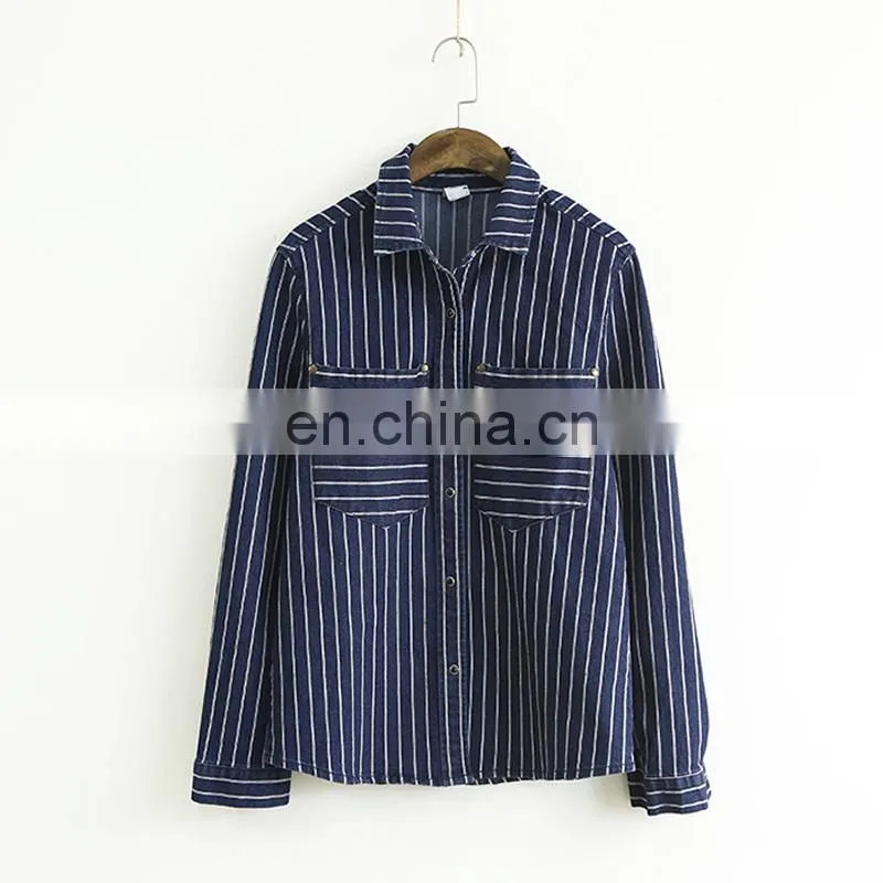 Vertical striped classic denim shirt women fashion denim blouse