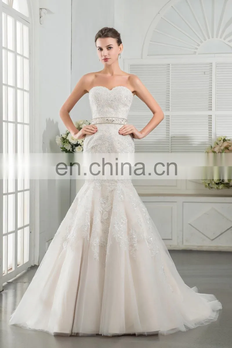 Latest design white french lace fabric Charming sash Lace Appliqued and Beaded Bridal Wedding Gowns