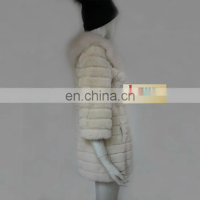 Genuine beige long rabbit fur coat with fox fur collar winter garment