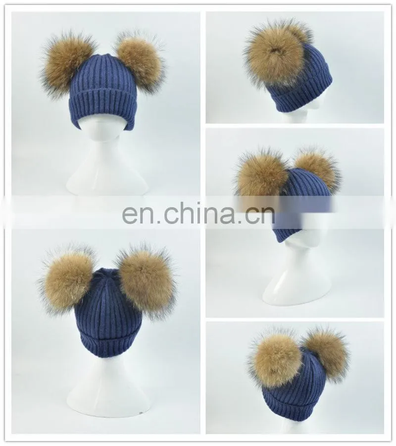 Kids Removable Fur Bobble Hat Winter Double Pom Pom Hat Crochet Kids Hat