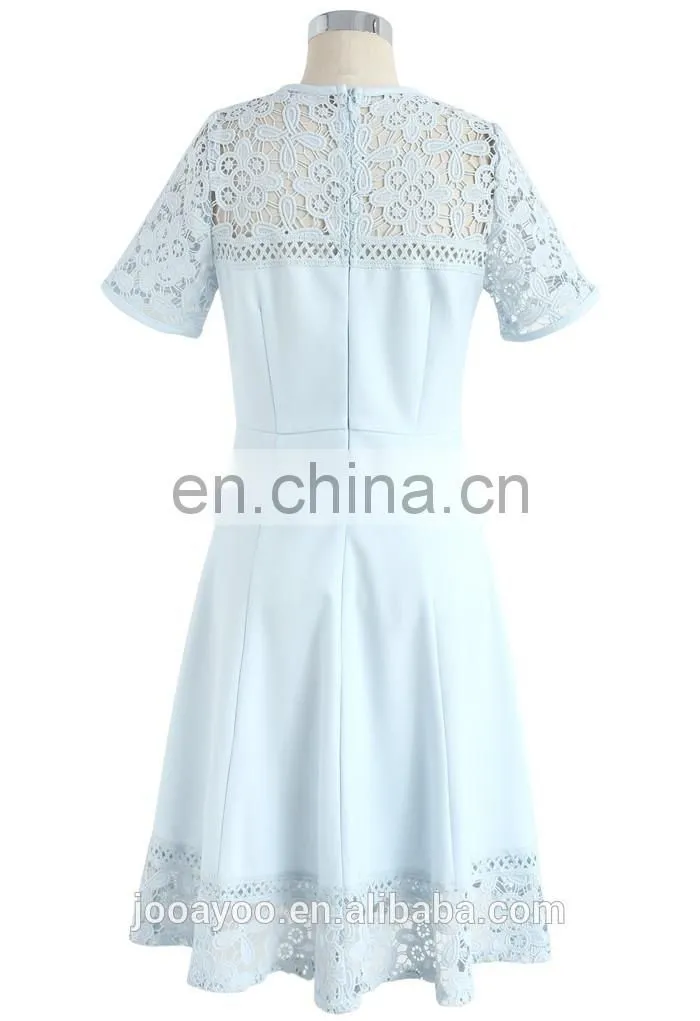 Women Elegant Short Sleeve Flower Lace Embroidered Crochet Dress in Blue