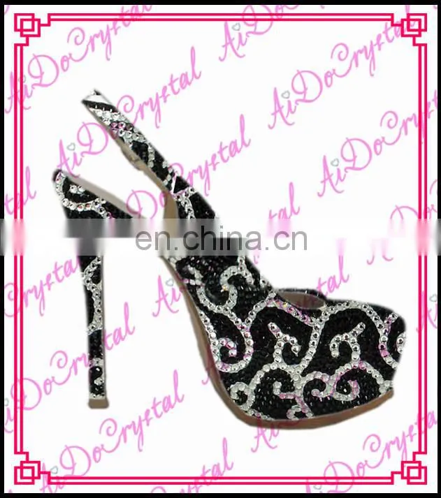 Aidocrystal comfortable Euro-size handmade Excellent quality crystal black patent high heels for lady closed toe slingback shoe