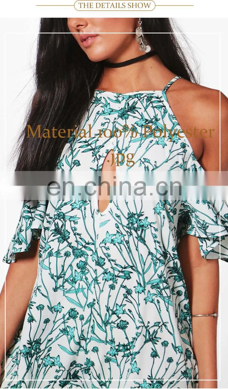 woven floral Spaghetti straps cold shoulder printed women mini dress