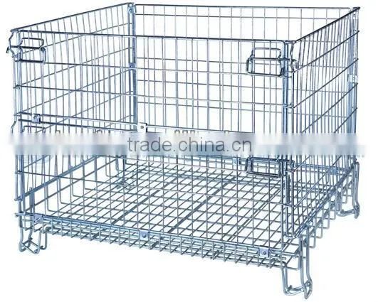 Zinc plated folding metal storage stacking wire mesh container
