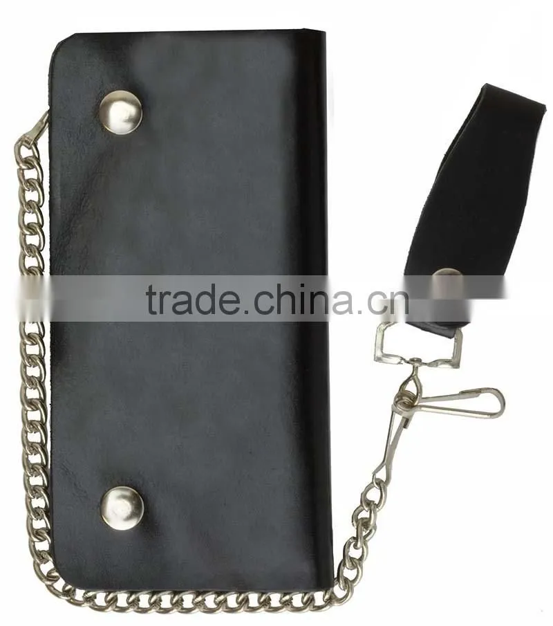 Mens Genuine Leather Large Trucker Chain Wallet With Button Closure