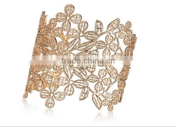 Gold Hollow Flower Women Wide Cuff Bracelet