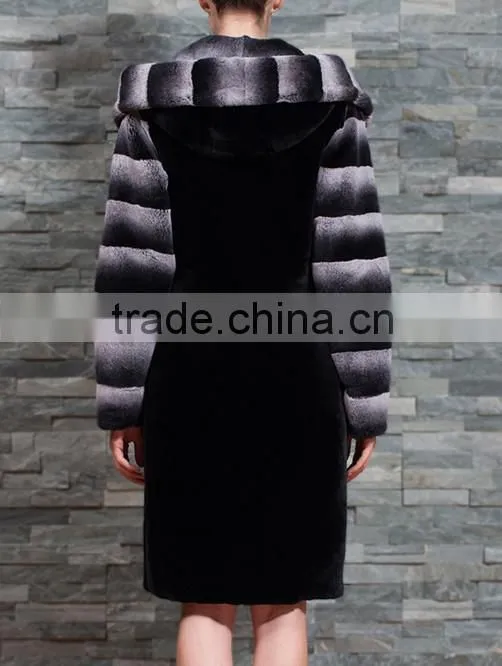 rex14068 hot selling rex rabbit fur coat with chinchilla color sleeves