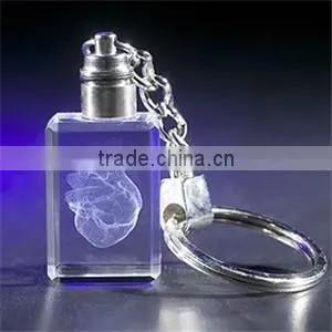 Wholesale 3d laser engraving transparent photo LED crystal glass keychain, key ring, keyholder for promotional gifts