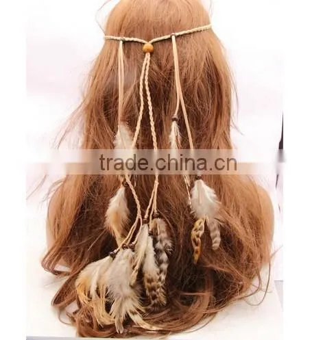 Boho Hippie Feather Leaf Hairband Tassels Weave Headband Elastic Headdress
