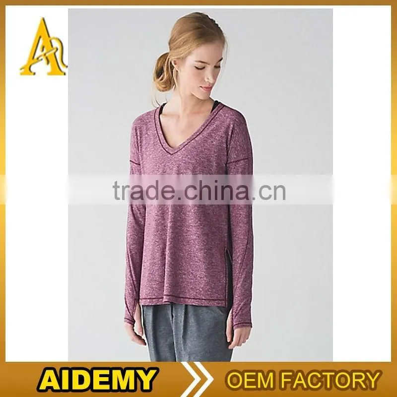2016 plain design pink color v neck sports training tshirts women