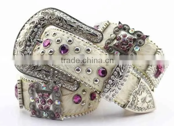 Cowgirl purple rhinestone cross crystal studded western leather hair belts
