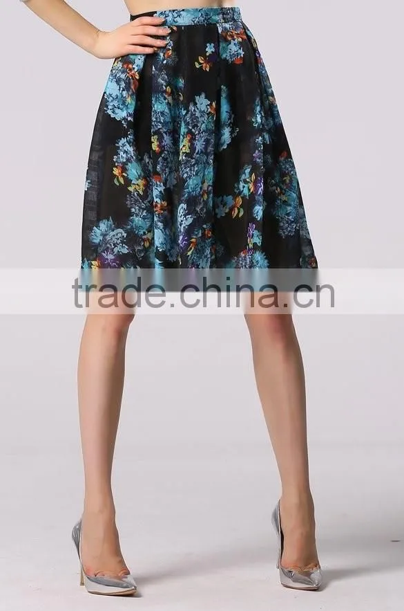 Stylish Lady Sexy Women's Fashion Knee-length Floral Printed Pleated Skirt