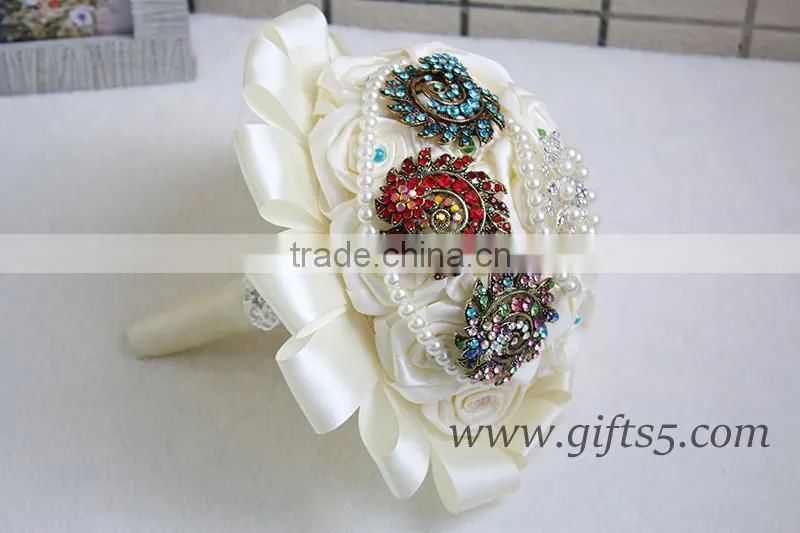 Handmade elegant satin roses bouquet for bride brooch jewelry bouquet