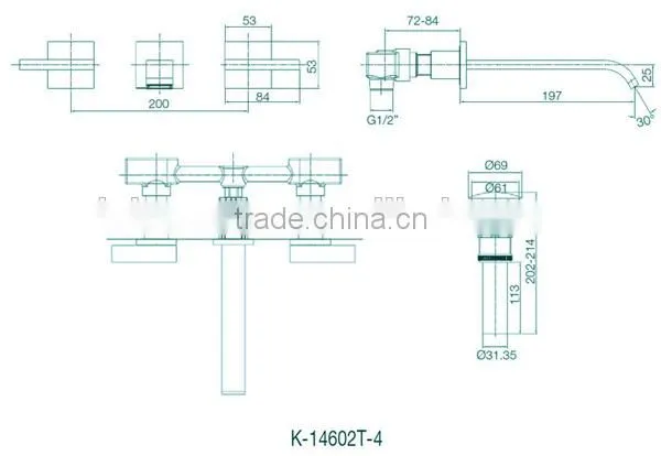 made in china wall faucet, square unique design double lever faucet, 3 hole faucet