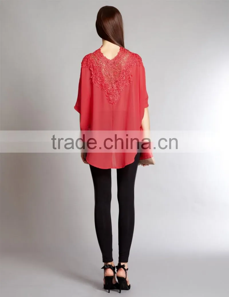 ladies tunic top wholesale, large lace decoration woman top,chiffon top