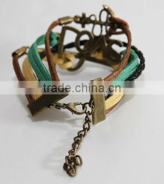 heart to heart bracelet, love with green flocking leather,brown baided Leather bracelet, friendship charm bracelet