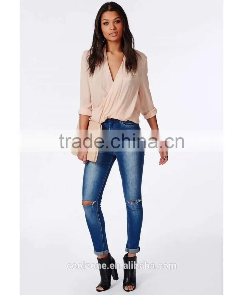 100% Polyester wrap over nude women blouse for middle aged women